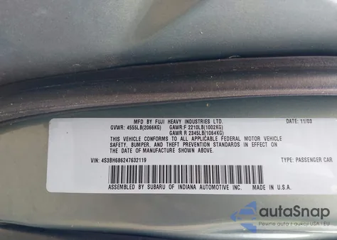 2004 Subaru Outback Limited z USA, uszkodzony, nr VIN 4S3BH686247632119